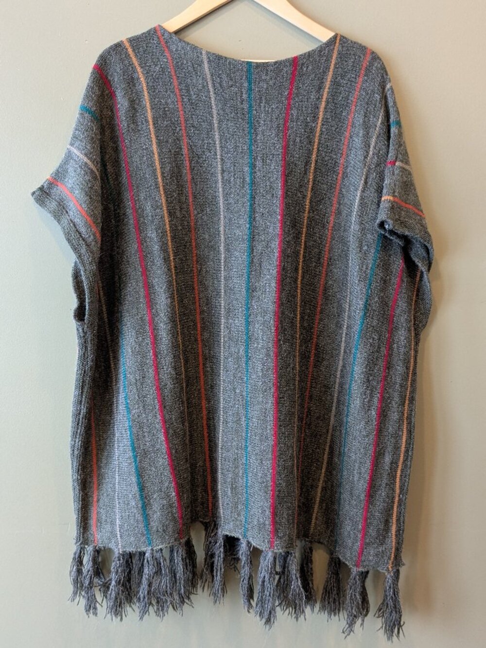 Boho Striped Knit Poncho OS Fringe Hem Oversized Layer Beach Western Stripe